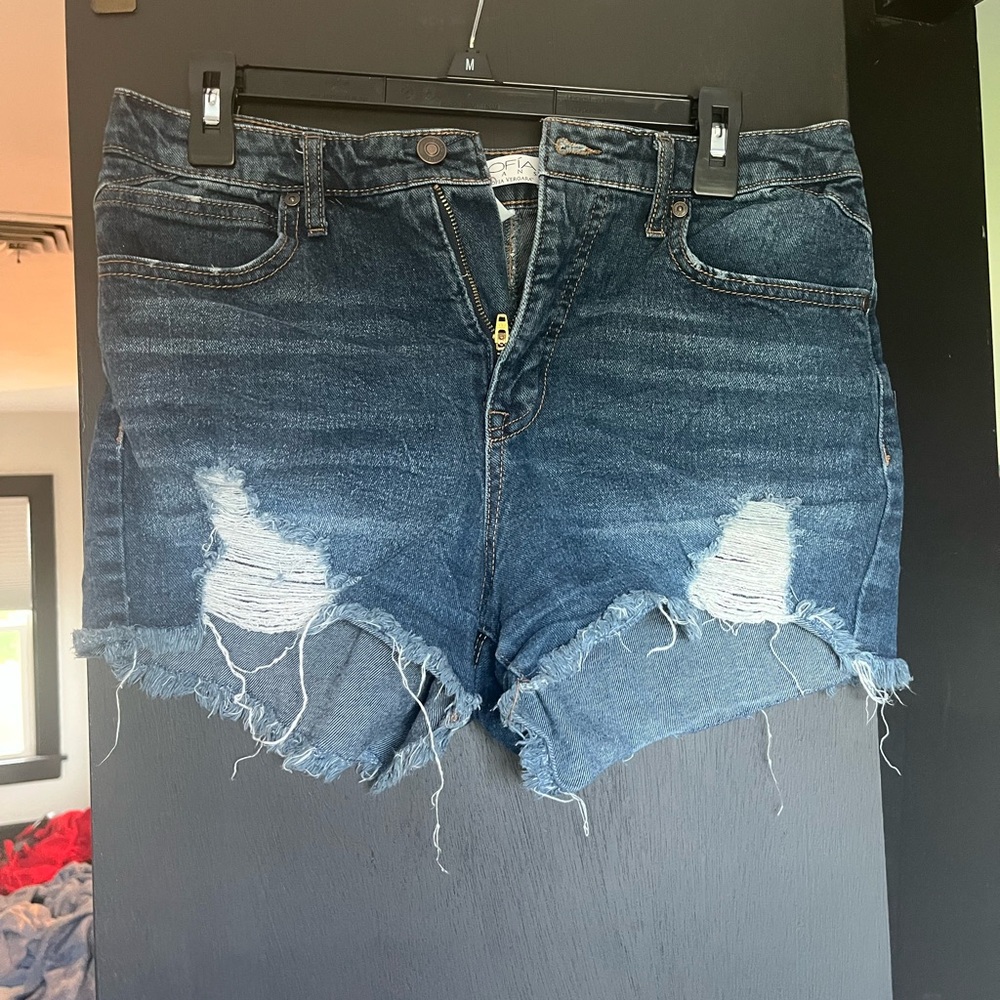 Sofia by Sofia Vergara Dark Wash Distressed Mid Rise Jean Shorts